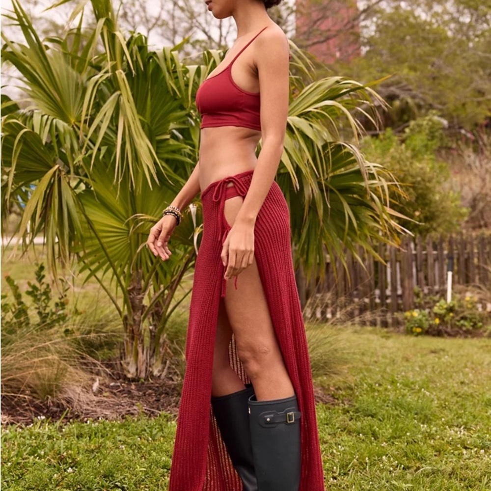 aerie Wine Red Knit High-Slit Maxi Skirt medium